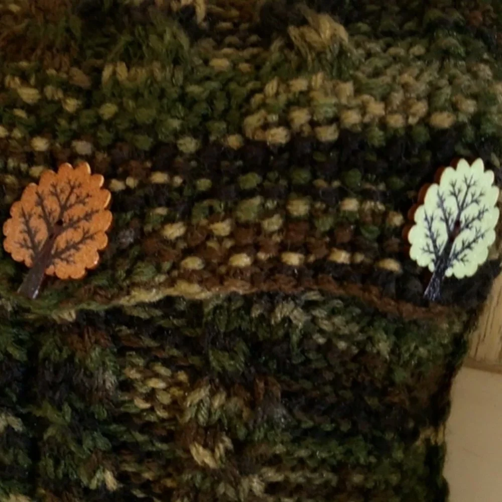 Hand Crafted Knit Cable Throw Pillow Tree Buttons Camo Cabin Sofa Couch